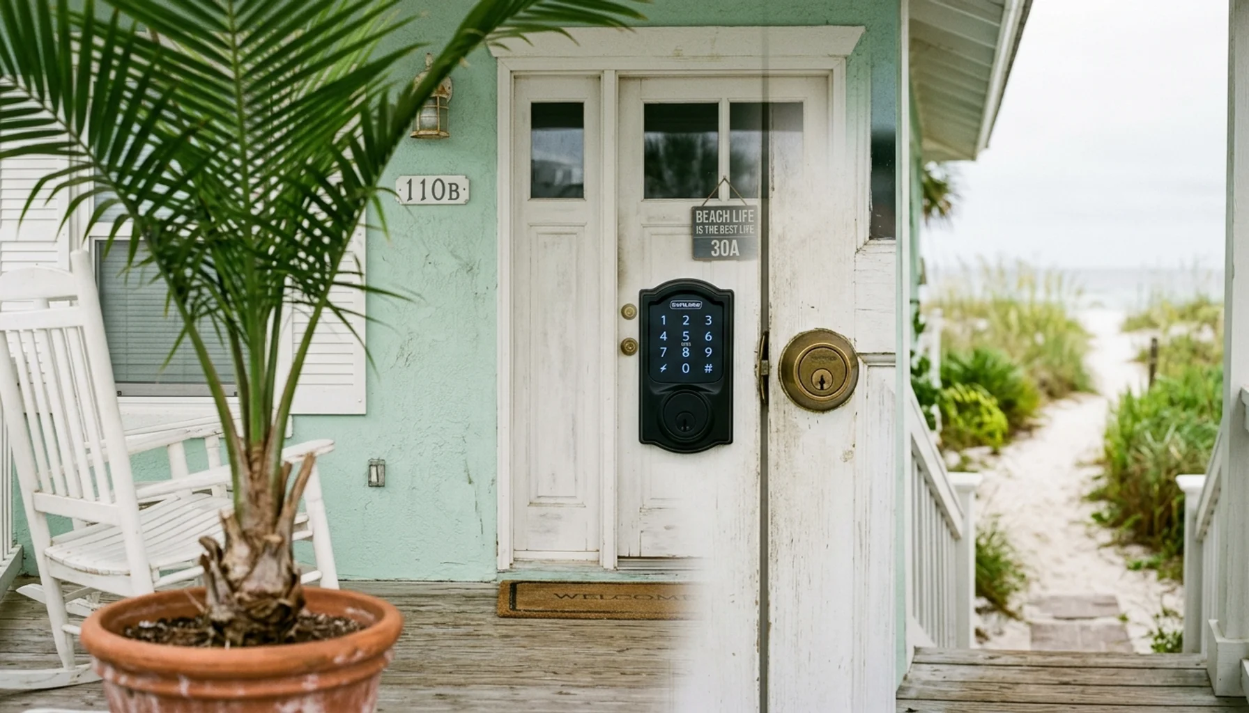 Smart lock keypad beside a brass deadbolt on a Panama City Beach rental door, illustrating how to switch Airbnb property managers