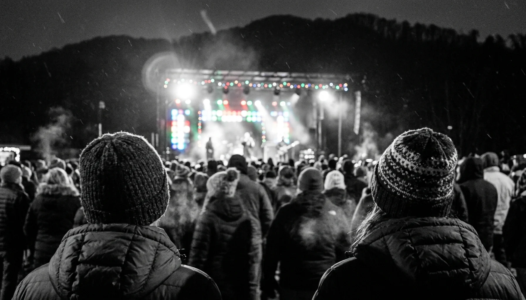 Crowd silhouettes at the free Pigeon Forge Winterfest kickoff with blurred holiday lights and snow flurries at dusk