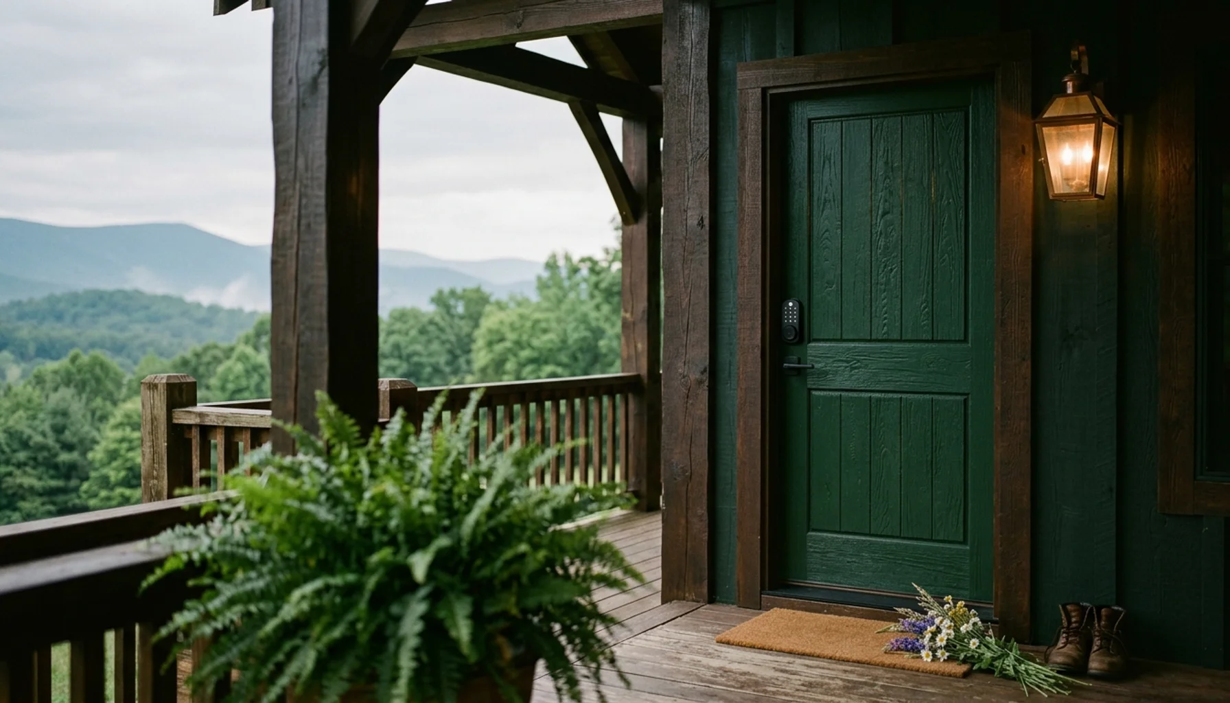 Matte-black smart lock keypad on a green cabin door in Luray, VA, representing questions to ask an Airbnb management company