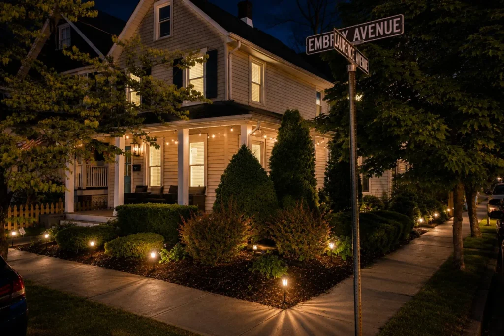 The Embury Retreat on Embury Avenue in Ocean Grove, NJ, at night