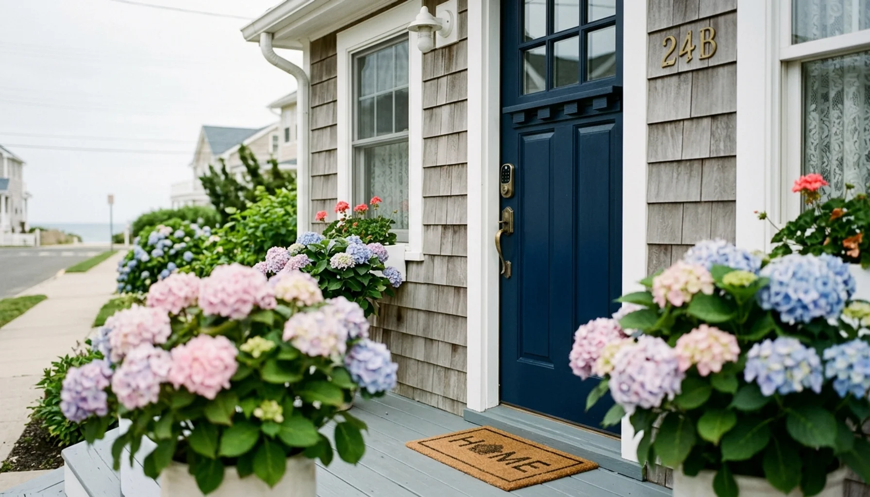 Smart lock keypad beside a brass deadbolt on a Belmar NJ beach cottage door, showing what an Airbnb co host manages